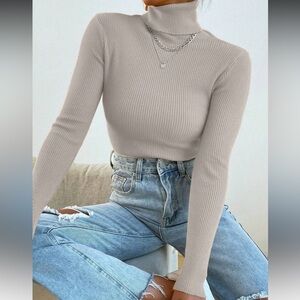 Grey Ribbed Turtleneck Sweater